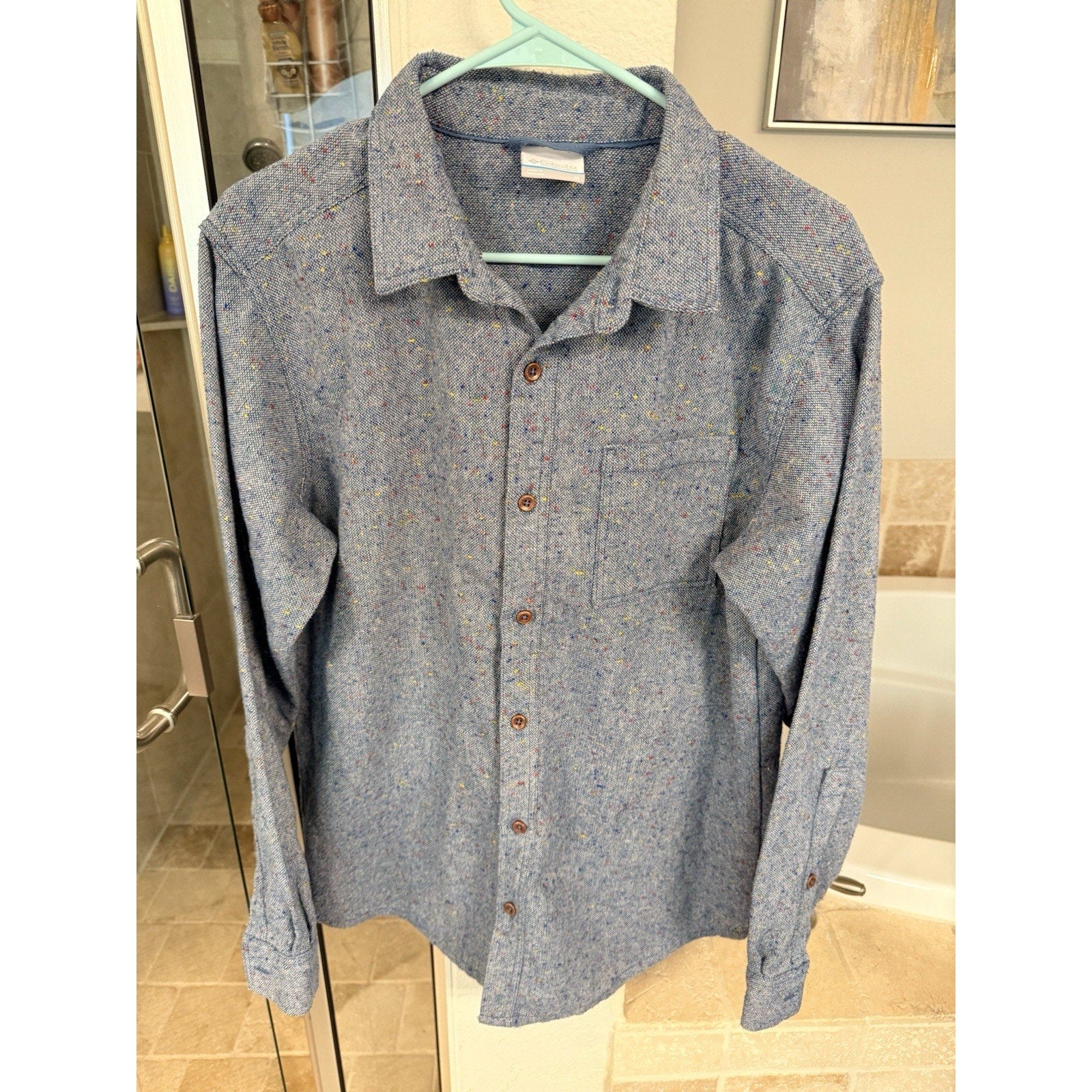 Columbia Mens Medium Blue Wool Blend Speckled Button Up Shirt Heathered Outdoor