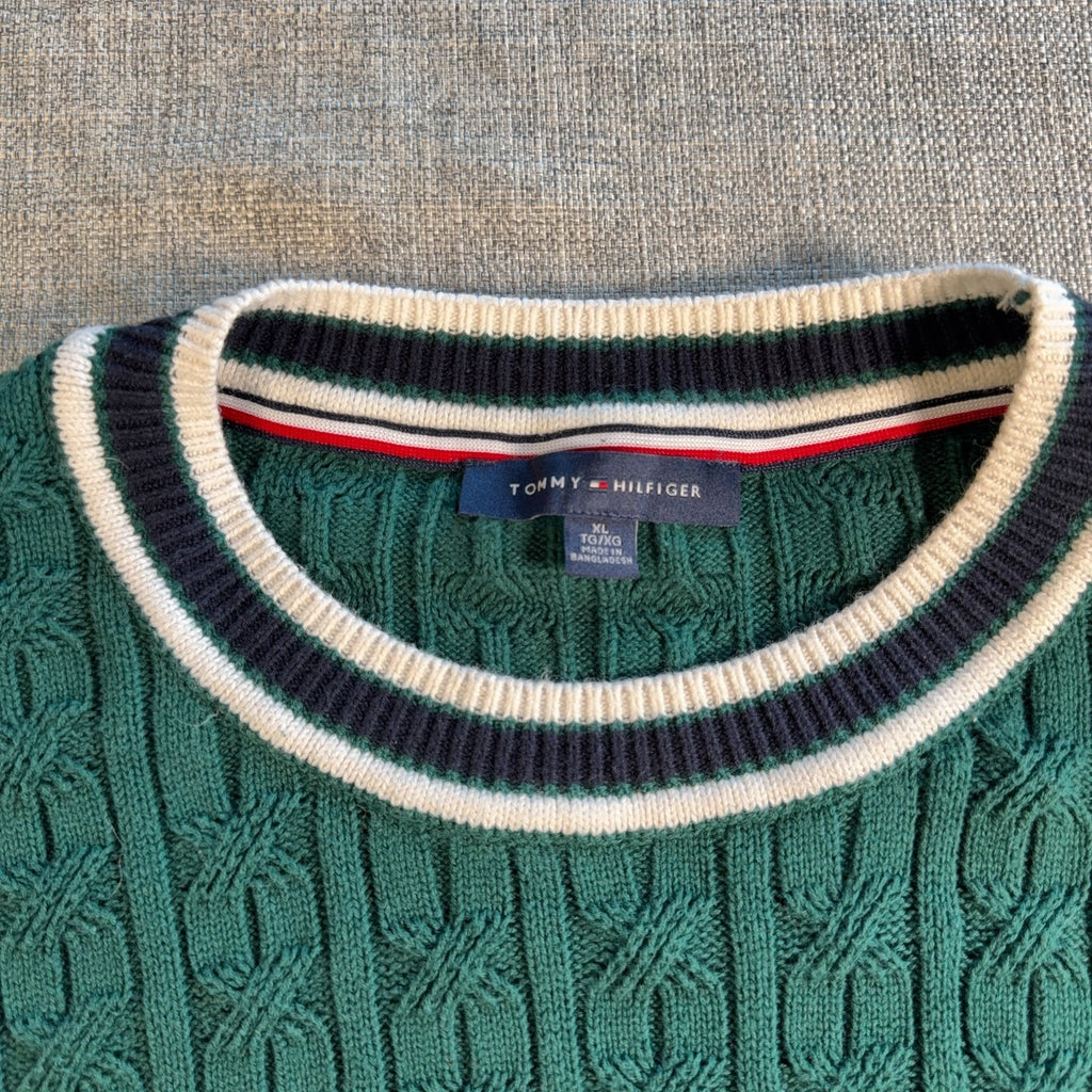 Tommy Hilfiger Cable Knit Sweater Shirt Mens XL Green Short Sleeve Cotton Preppy