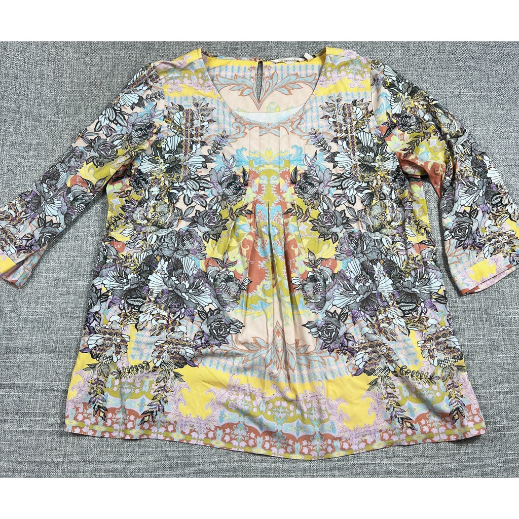 Soft Surroundings Tunic Top Women L Floral Boho 3/4 Sleeve Rayon Stretch