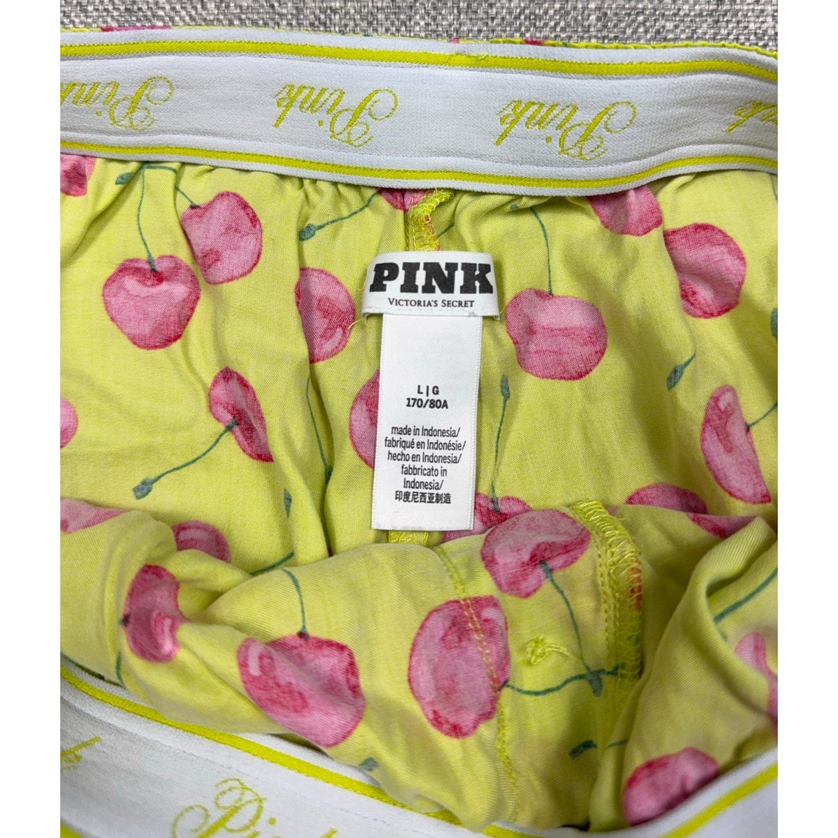 PINK Victoria’s Secret Cherry Print Sleep Shorts Womens Large Neon Yellow