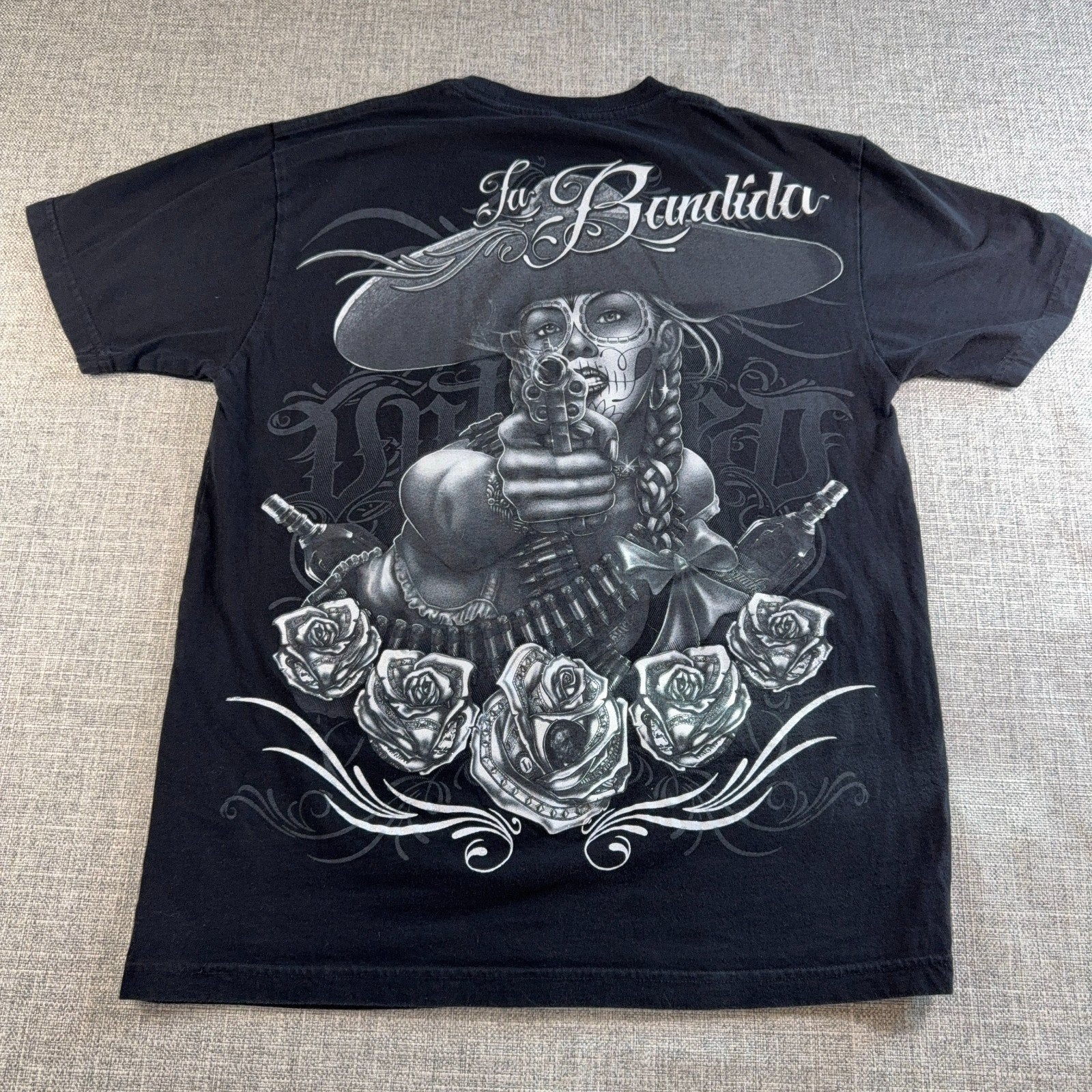 La Bandida Chicano Graphic T Shirt Men M Black Sugar Skull Lowrider Tattoo Tee
