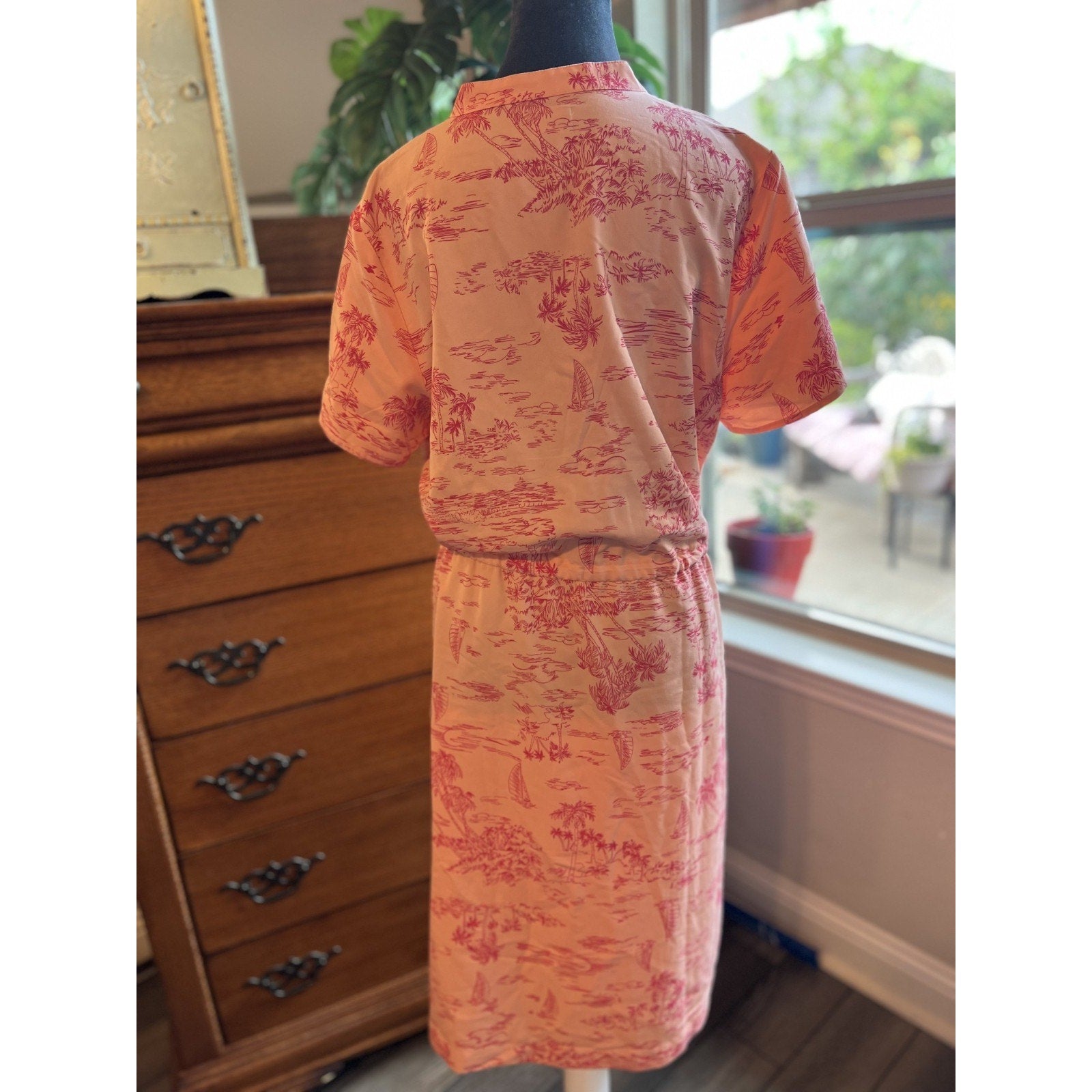 Lands’ End Women’s Medium Pink Tropical Midi Dress Rayon Blend Island Print Belt
