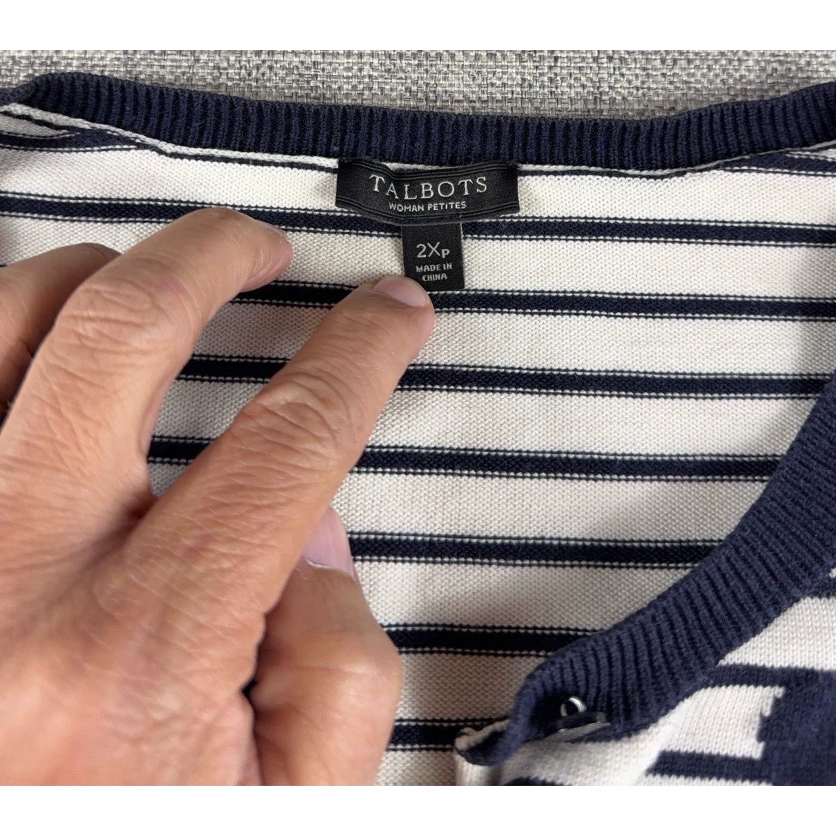 Talbots Woman Petites Cardigan 2XP Navy White Striped Dragonfly Knit Sweater