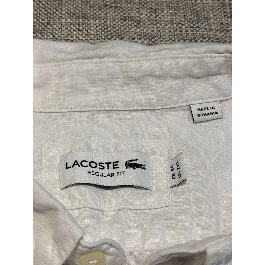 Lacoste Shirt Mens 2XL White Linen Button Down Short Sleeve Regular Fit Croc Log