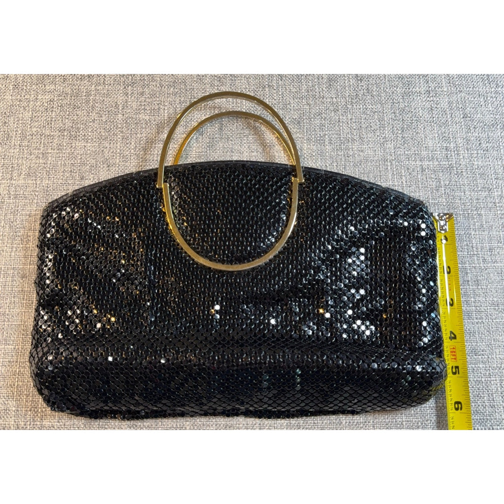 Black Metal Mesh Evening Bag Gold Ring Handles Chainmail Clutch Purse