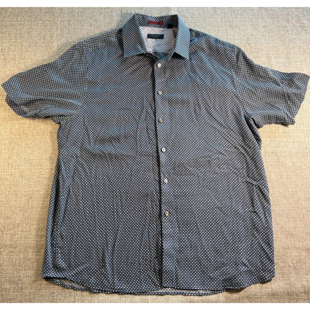 Ted Baker Mens Shirt Large 4 Blue Geometric Short Sleeve Button Up Portugal