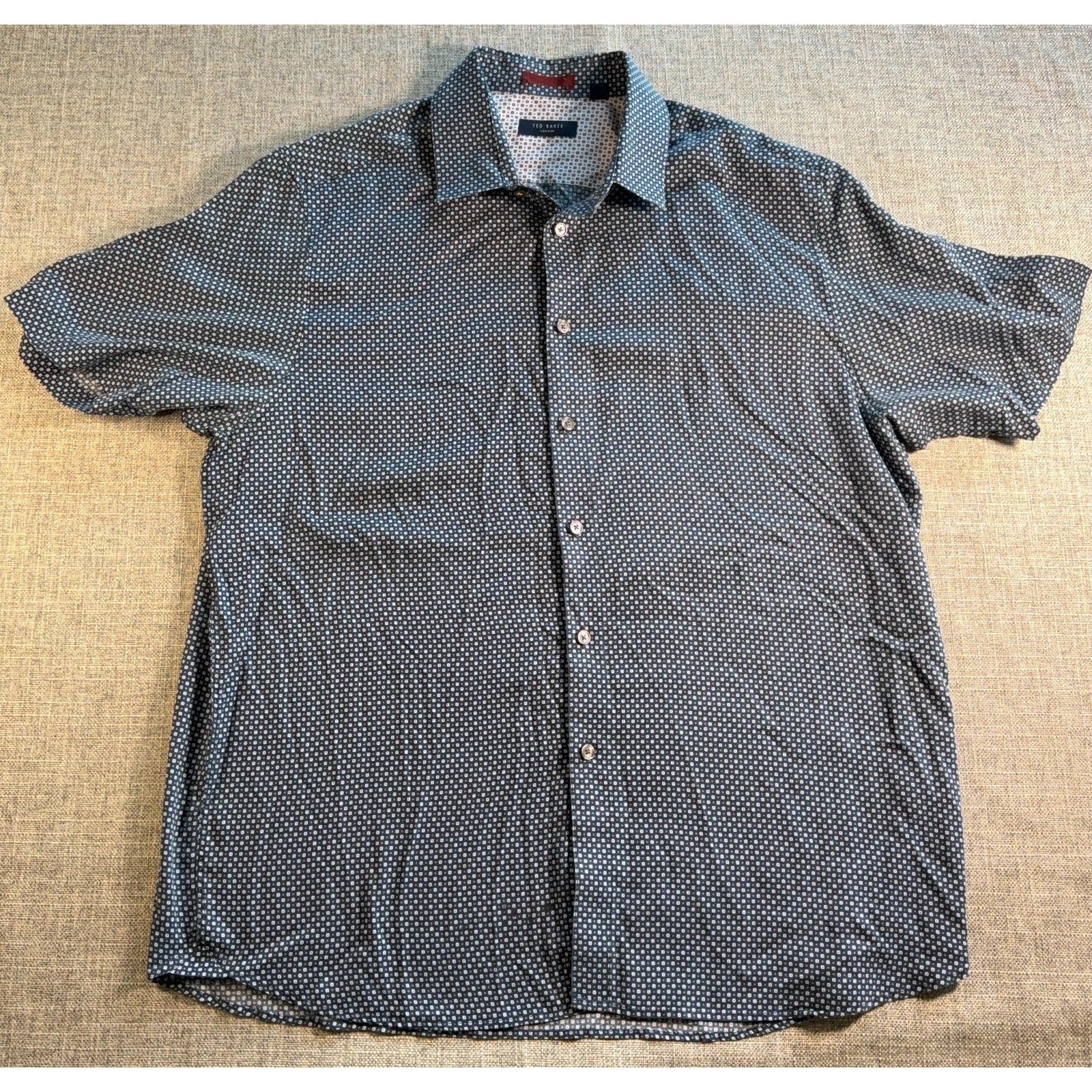 Ted Baker Mens Shirt Large 4 Blue Geometric Short Sleeve Button Up Portugal