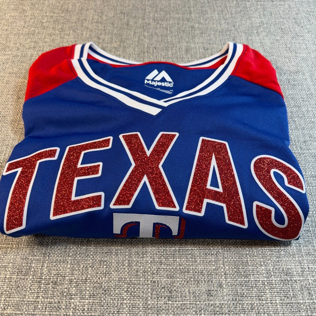 Majestic Texas Rangers Women's M Glitter V-Neck Baseball Shirt MLB