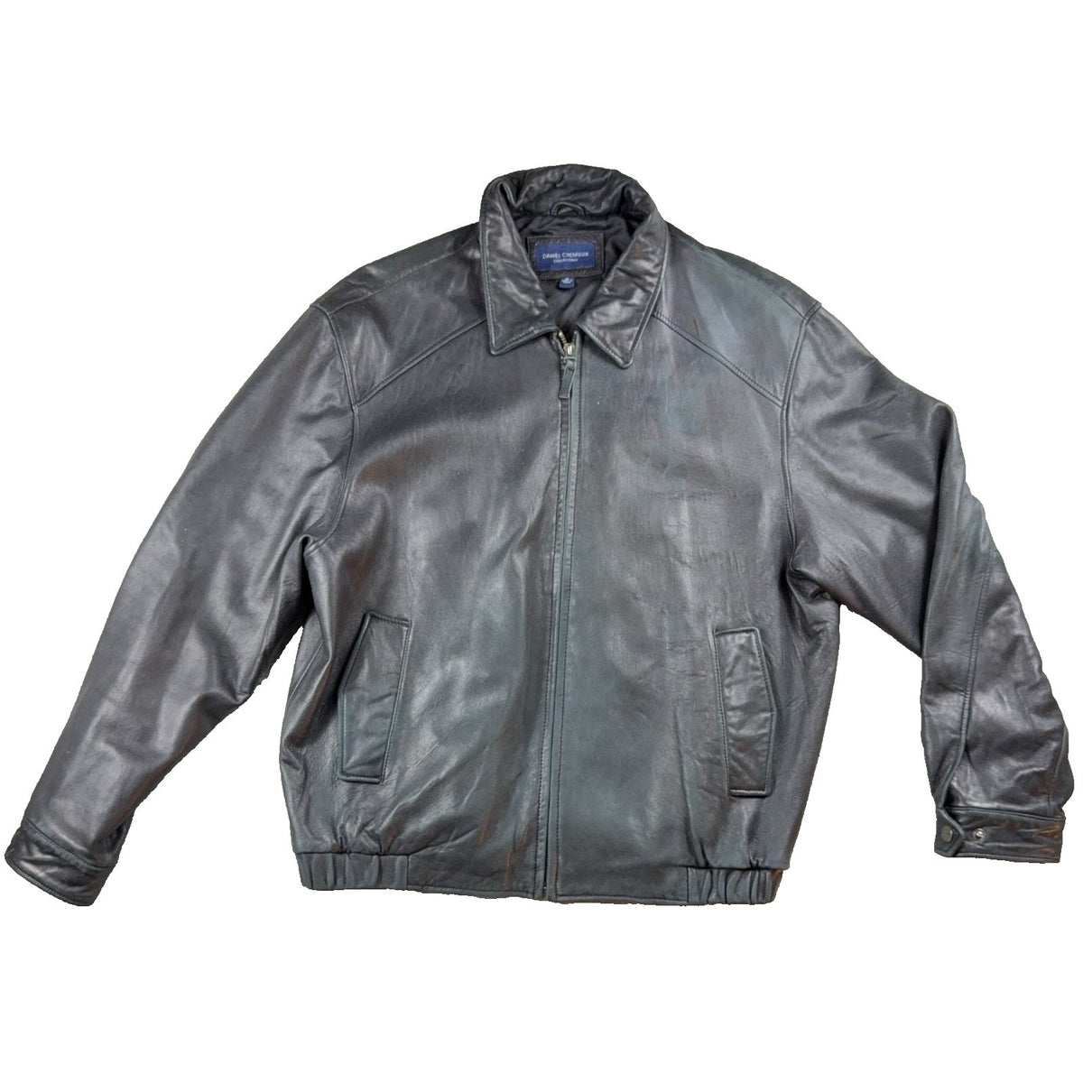 Worn-In Black Lambskin Leather Bomber Jacket Daniel Cremieux XL