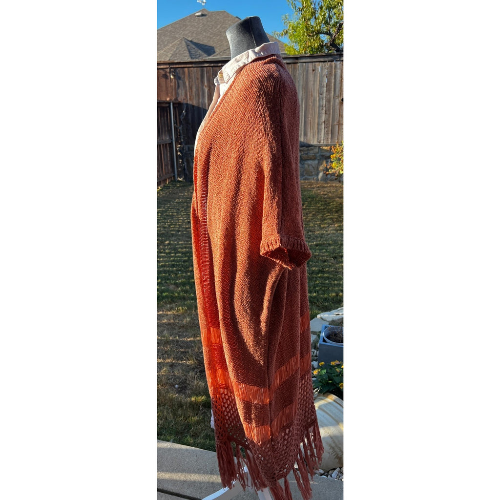 Favlux Rust Crochet Duster Cardigan Women L Fringe Boho Kimono Open Knit