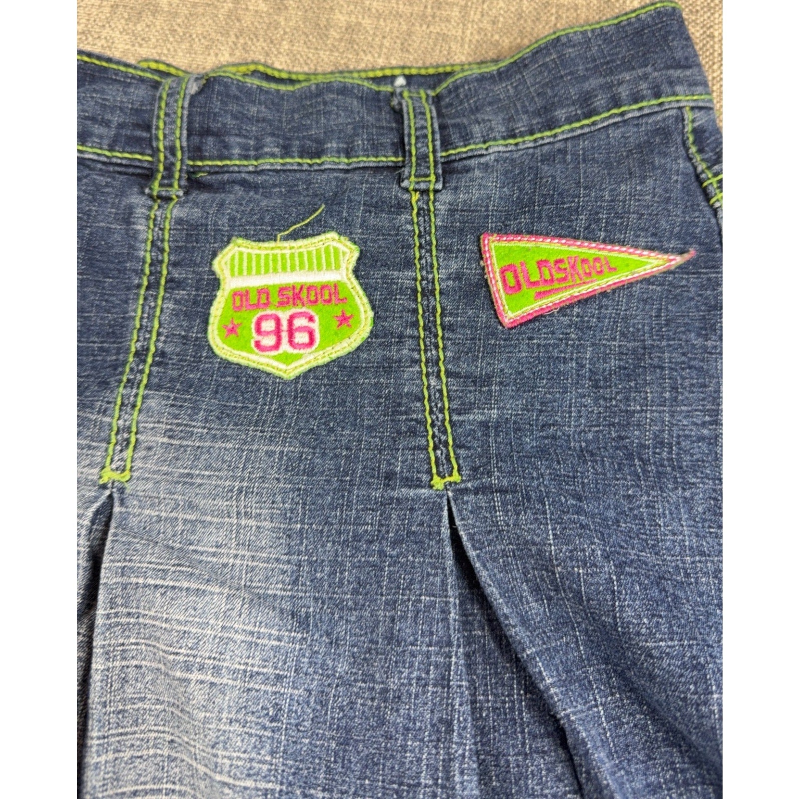 Old Skool Denim Pleated Mini Skirt Womens 20 Y2K Patch Neon Stitch Plus Size