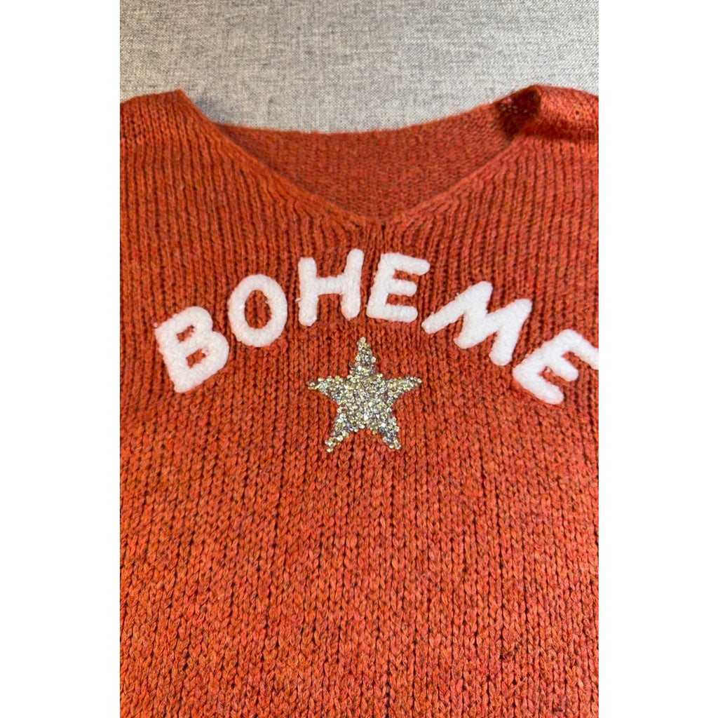 Boheme Made in Italy Sweater Womens Rust Orange Rhinestone Star Oversized Knit