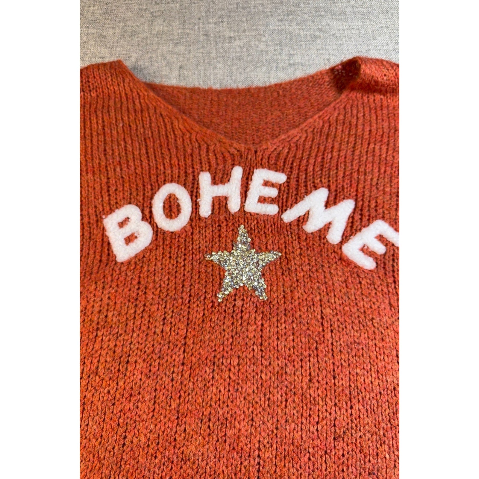 Boheme Made in Italy Sweater Womens Rust Orange Rhinestone Star Oversized Knit