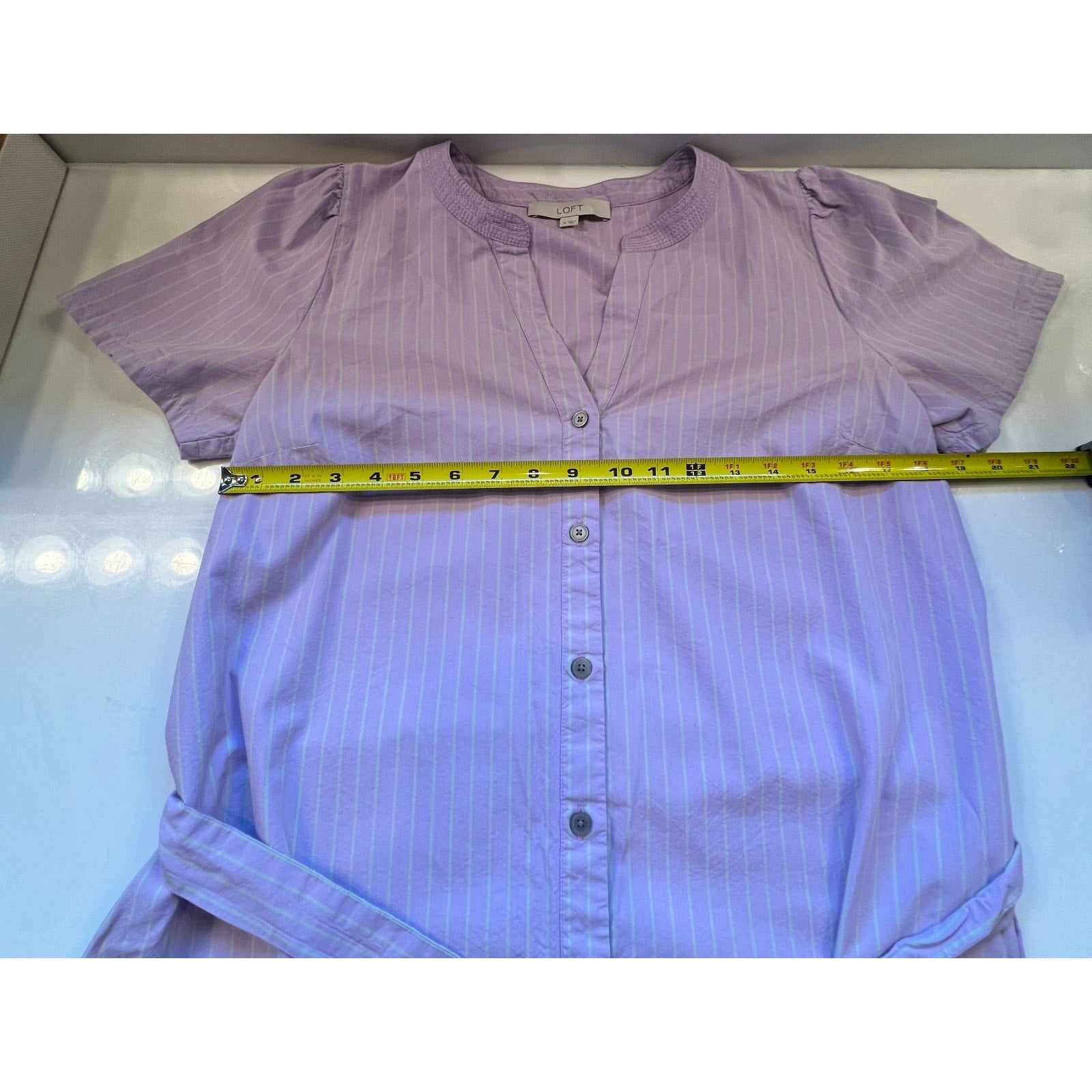 LOFT Womens M Cottagecore Lavender Striped Shirt Dress Belted Puff Sleeve M