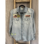 MM Vintage Denim Button Up Shirt Womens Small Distressed Studded Patch Western