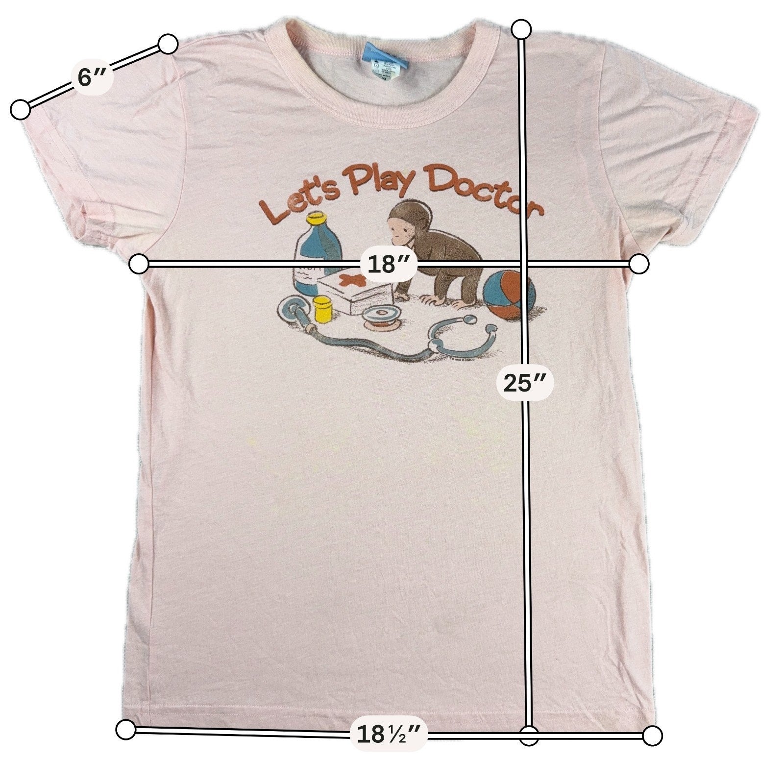Junk Food Curious George Let’s Play Doctor T Shirt Womens XL Pink Made USA