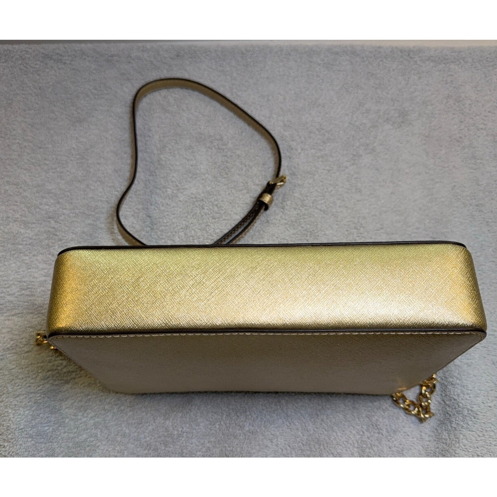 Michael Kors Gold Saffiano Leather Crossbody Bag Chain Strap Zip Top Purse MK