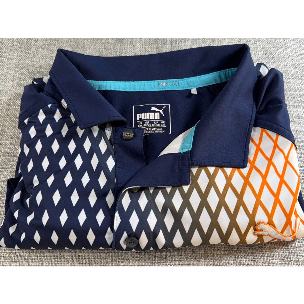 Puma Golf PWRCOOL Polo Men XXL Navy Geometric Orange DryCell Performance