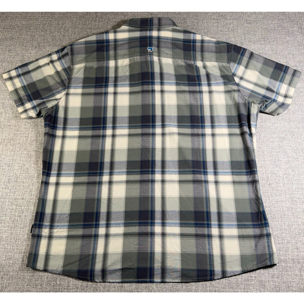 Kuhl Men’s XL Plaid Button Up Shirt Tapered Fit Short Sleeve Outdoor Hiking Gree