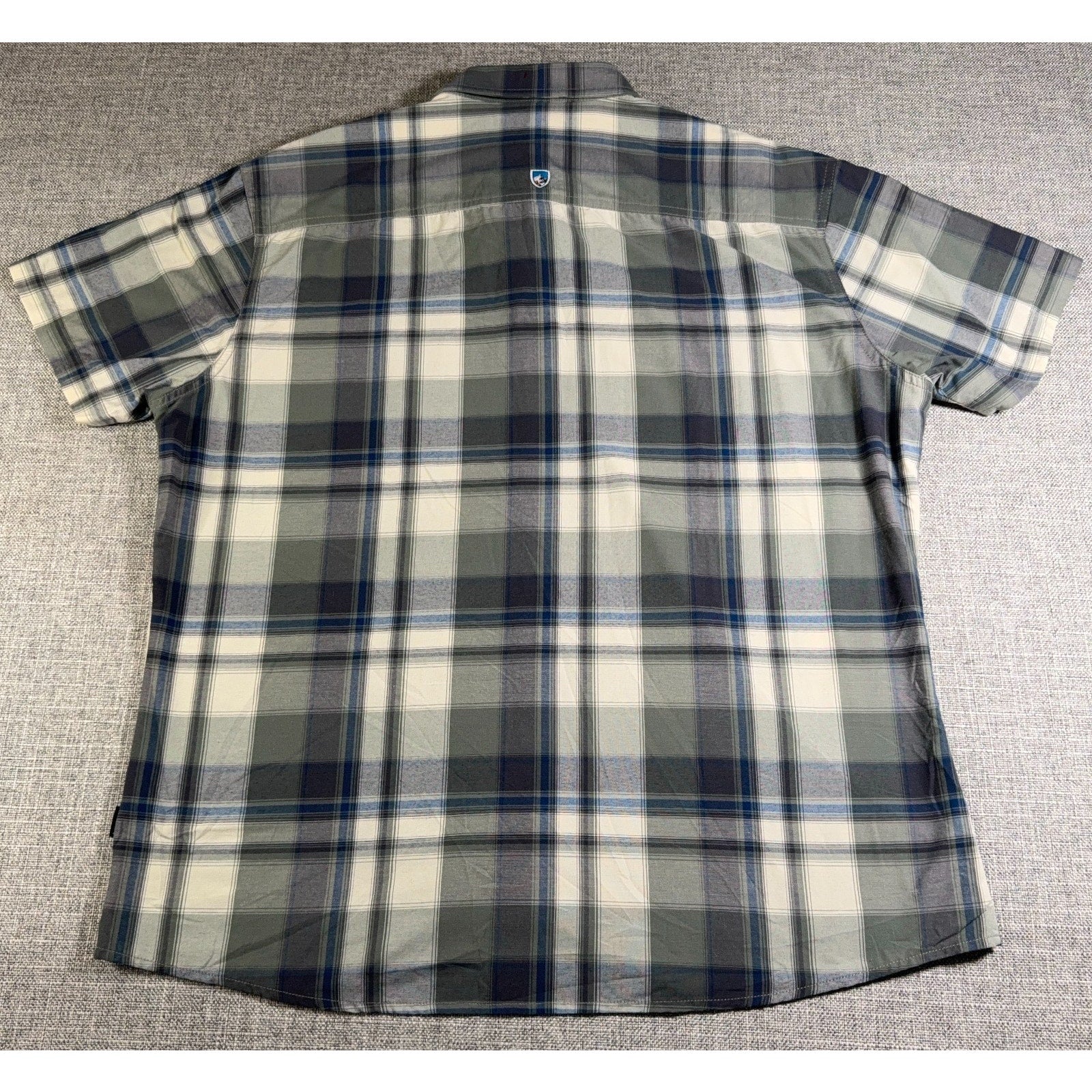 Kuhl Men’s XL Plaid Button Up Shirt Tapered Fit Short Sleeve Outdoor Hiking Gree