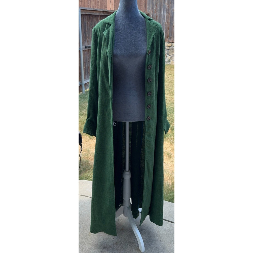 Handmade Green Maxi Coat Dress Womens Long Button Front Pleated Artisan Vintage