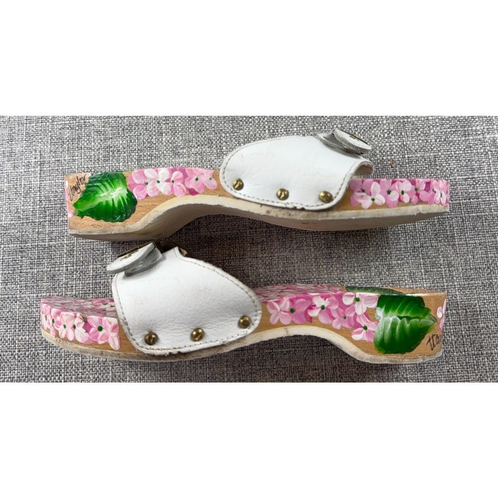 Vintage Style Hand Painted Floral Wooden Clogs White Leather Hydrangea Sandals