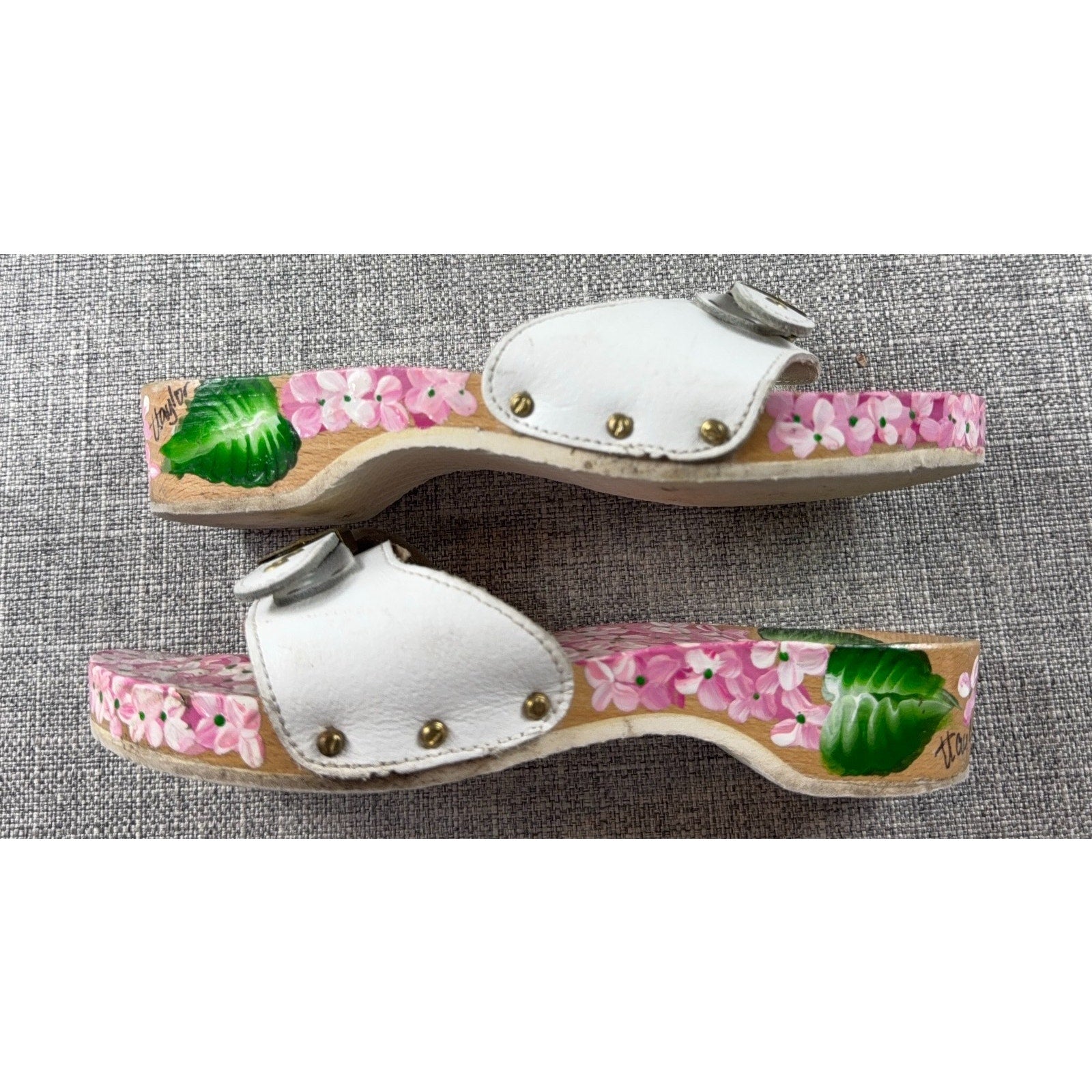 Vintage Style Hand Painted Floral Wooden Clogs White Leather Hydrangea Sandals