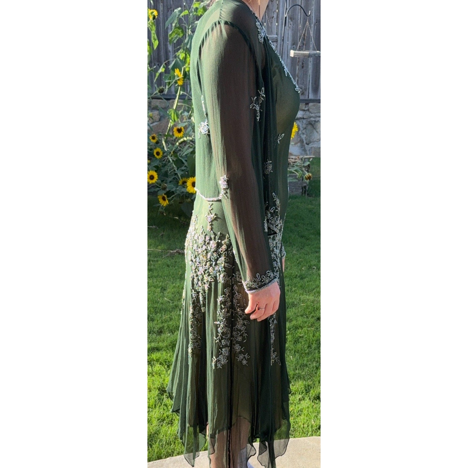 Scala 100% Silk Beaded Dress Jacket Set Womens L Green Formal Evening