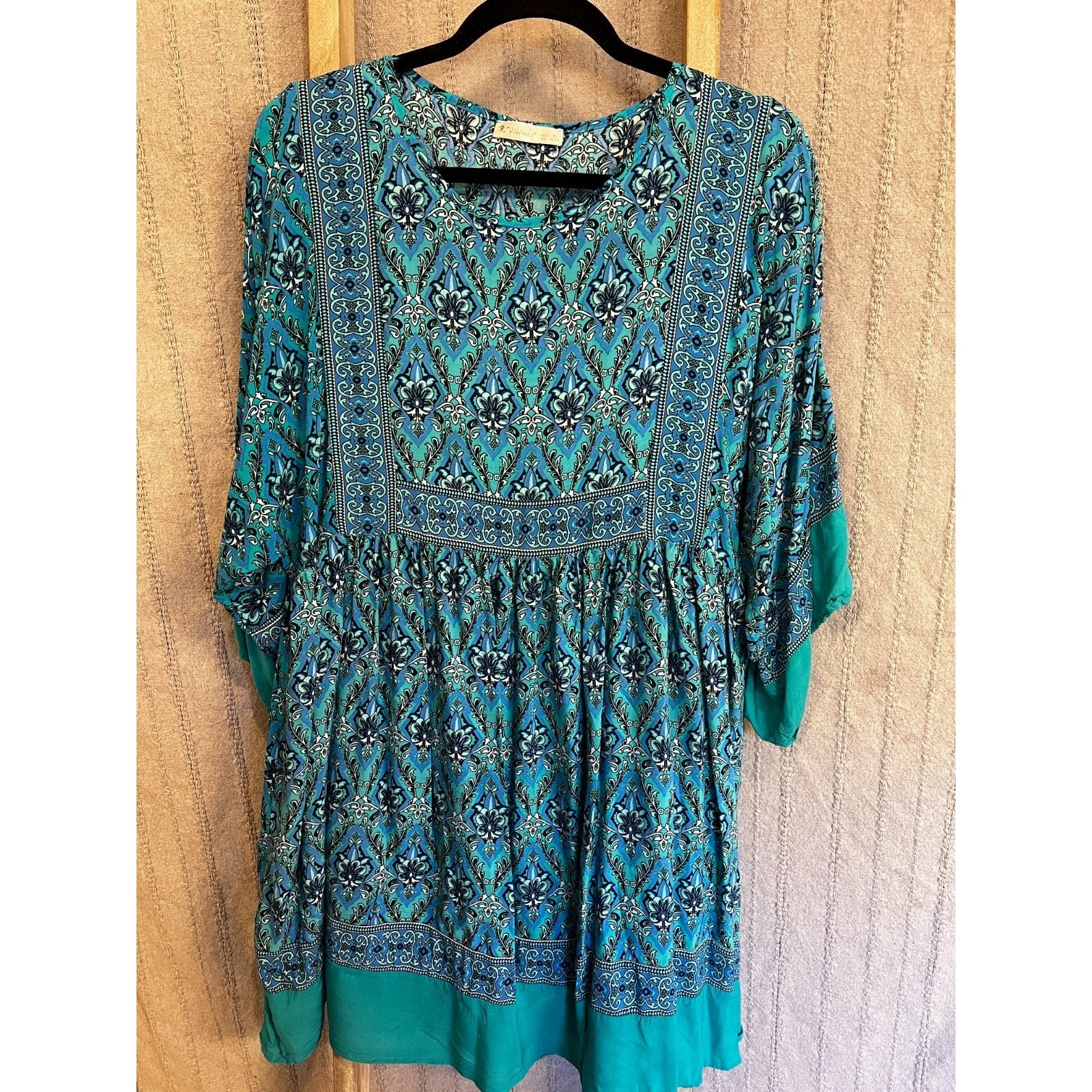 Blue Boho Tunic Peasant Top Blouse R. Vivimos Womens XL 16/18 Floral Paisley