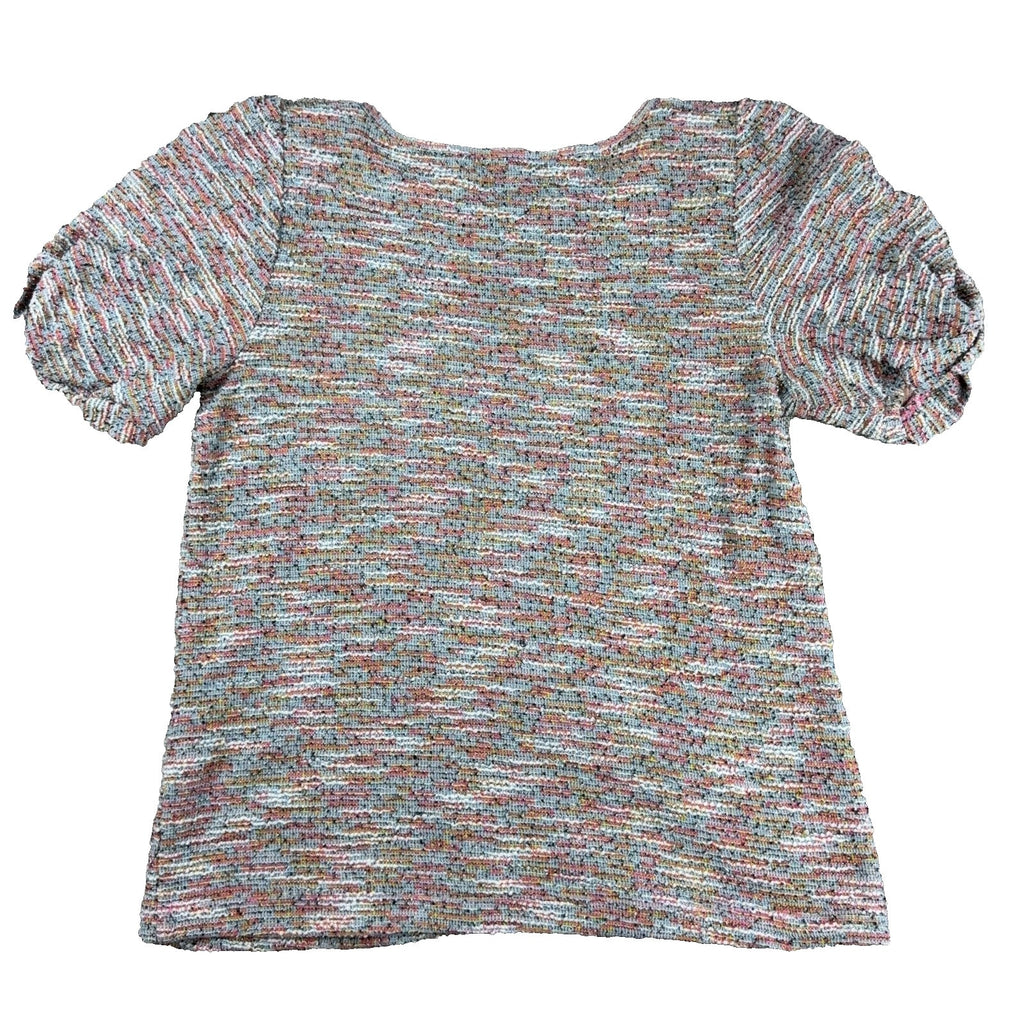 LOFT Womens S Multicolor Boucle Tweed Knit Puff Sleeve Top Short Sleeve