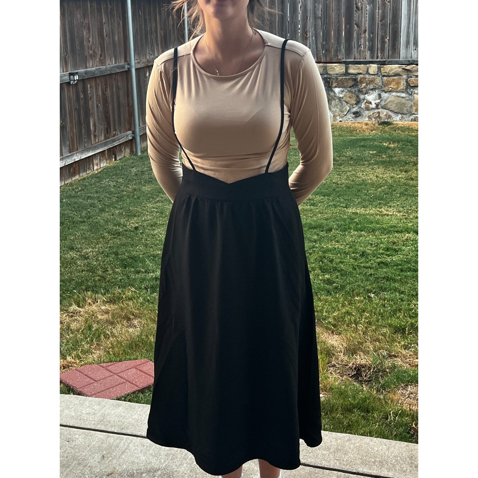 Black Suspender Midi Skirt Pinafore Dark Academia Minimalist A-Line