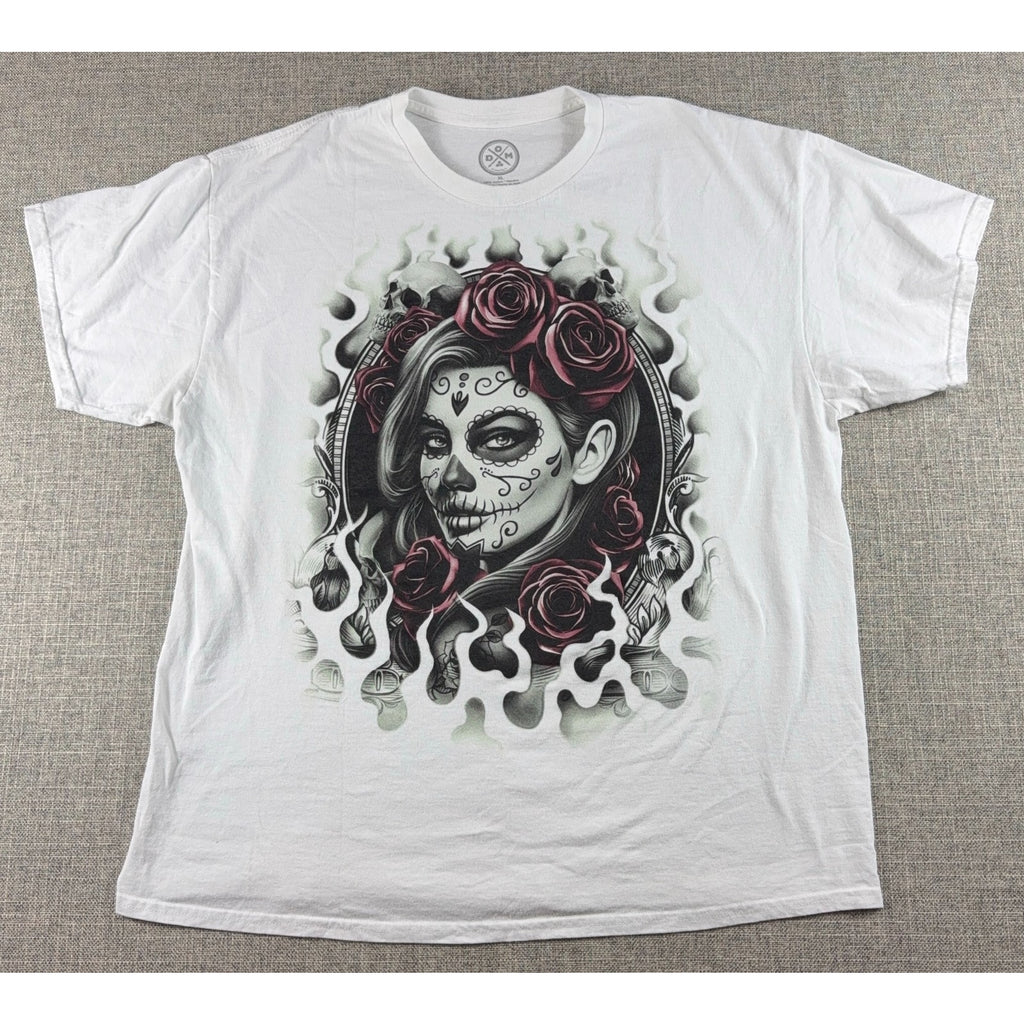 Sugar Skull Woman Roses Graphic T Shirt Men XL White Day of the Dead Gothic