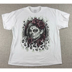 Sugar Skull Woman Roses Graphic T Shirt Men XL White Day of the Dead Gothic