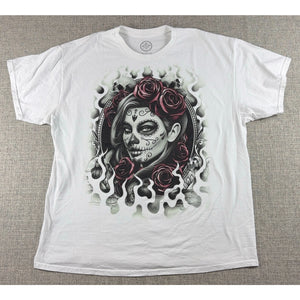 Sugar Skull Woman Roses Graphic T Shirt Men XL White Day of the Dead Gothic