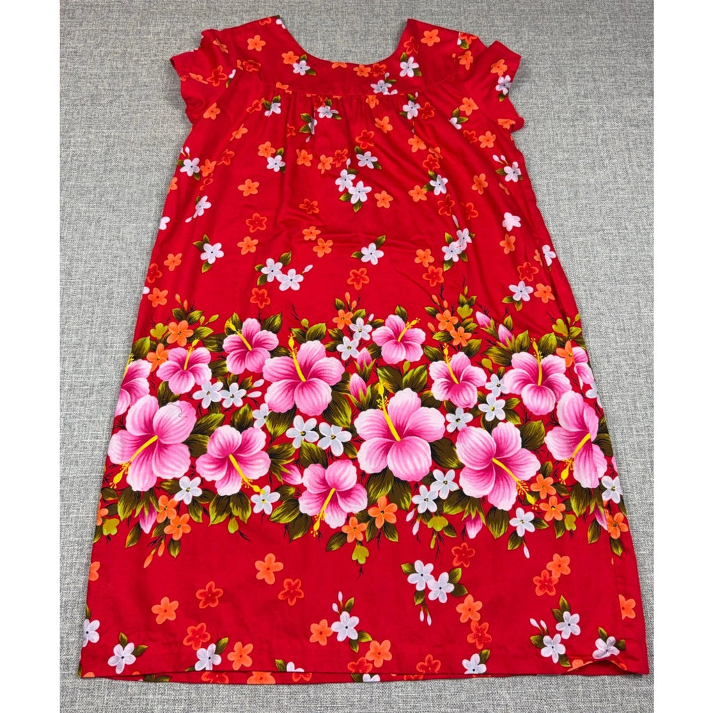 Vintage 60s Ui-Maikai Hawaiian Muumuu Dress Red Hibiscus Cotton L XL