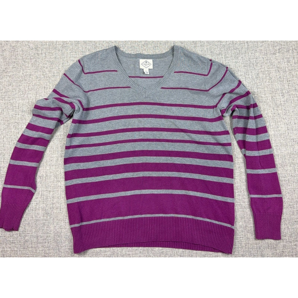 St Johns Bay Sweater Womens Large Gray Purple Striped V Neck 100% Cotton