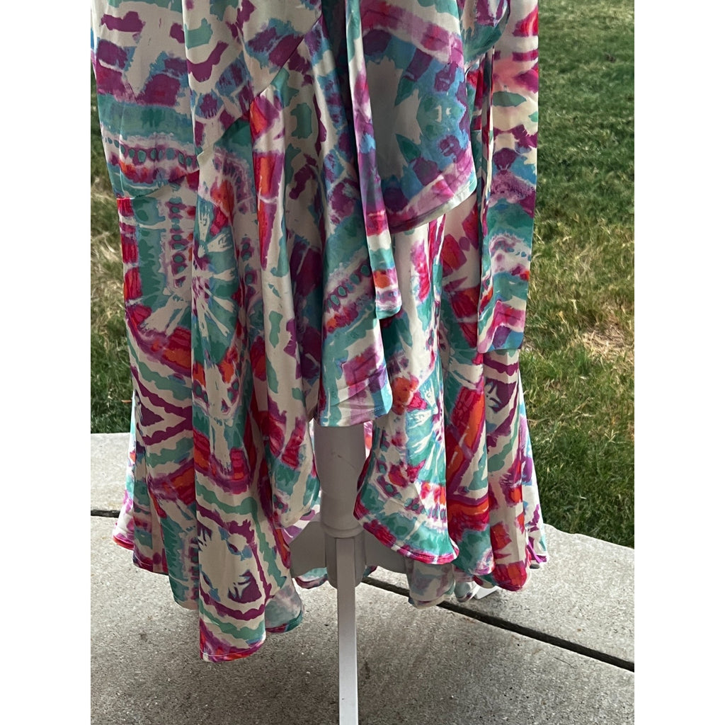 Flying Tomato Maxi Dress Womens M Abstract Watercolor Wrap High Low Ruffle Boho