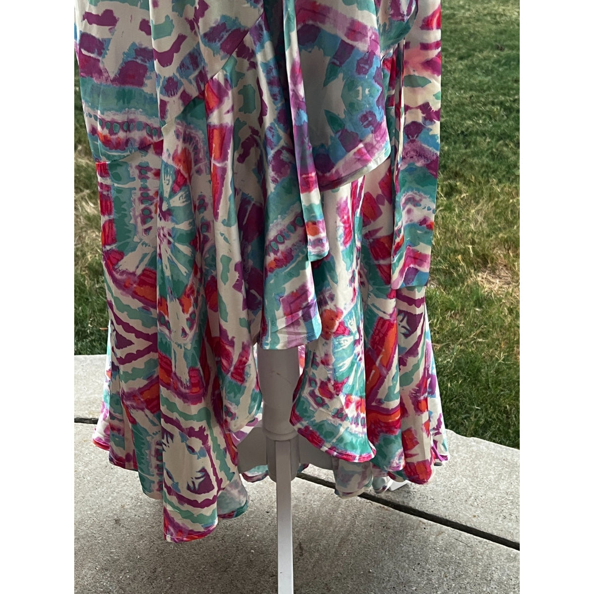 Flying Tomato Maxi Dress Womens M Abstract Watercolor Wrap High Low Ruffle Boho