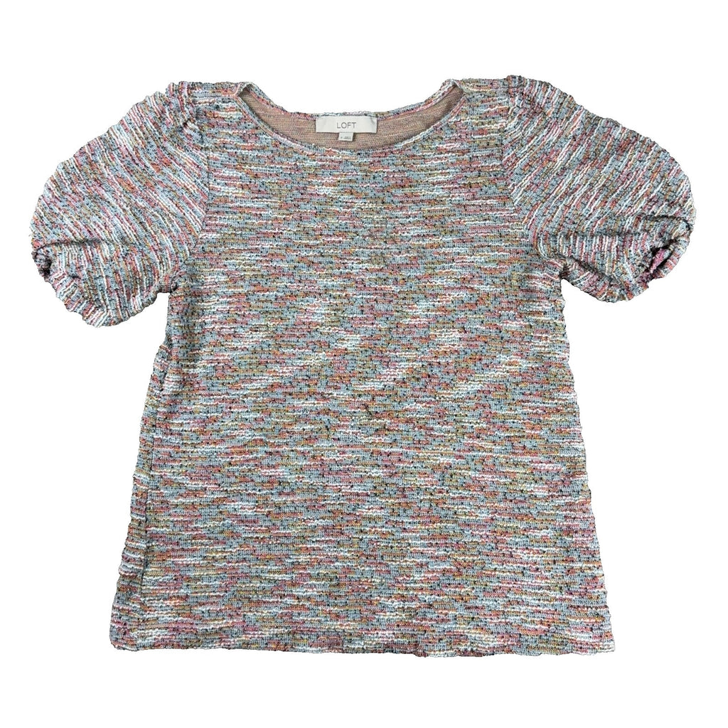 LOFT Womens S Multicolor Boucle Tweed Knit Puff Sleeve Top Short Sleeve