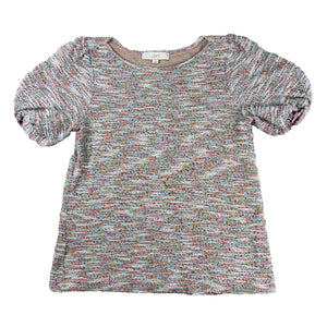 LOFT Womens S Multicolor Boucle Tweed Knit Puff Sleeve Top Short Sleeve