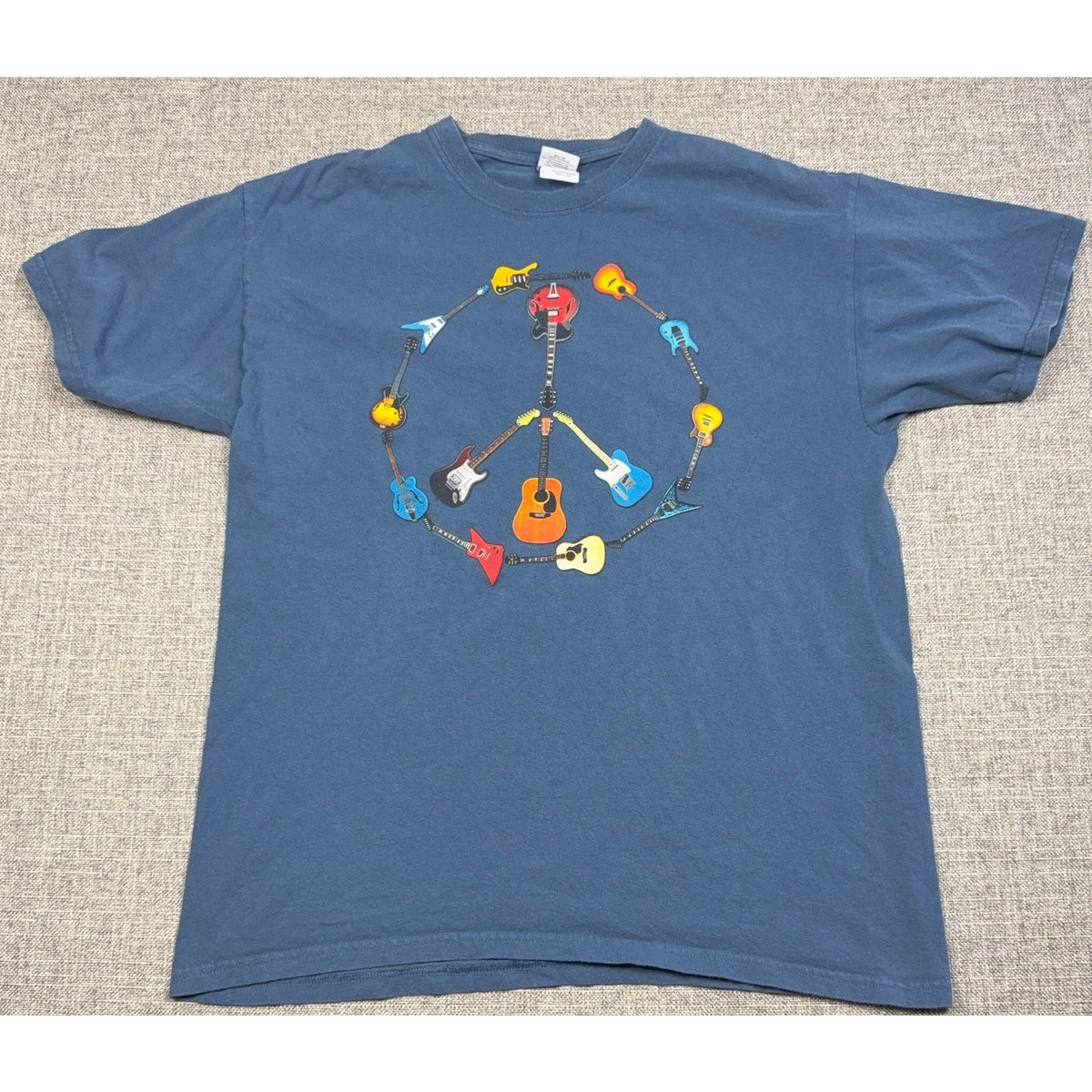 Guitar Peace Sign T Shirt Mens Large Blue Music Graphic Gildan Cotton Tee