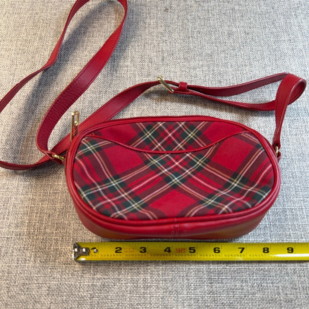 Talbots Red Tartan Plaid Camera Crossbody Bag Leather Trim Gold Hardware