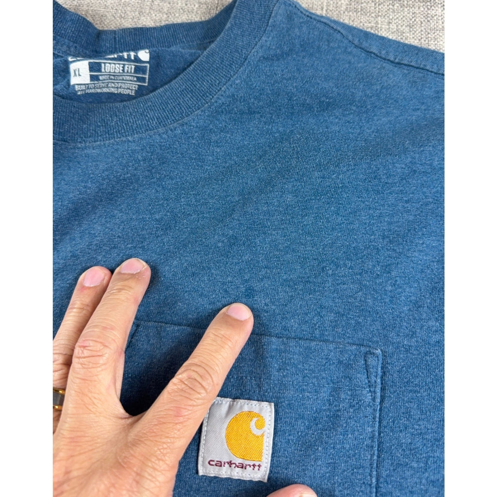 Carhartt K87 Mens XL Loose Fit Pocket T Shirt Blue Heather Workwear Logo