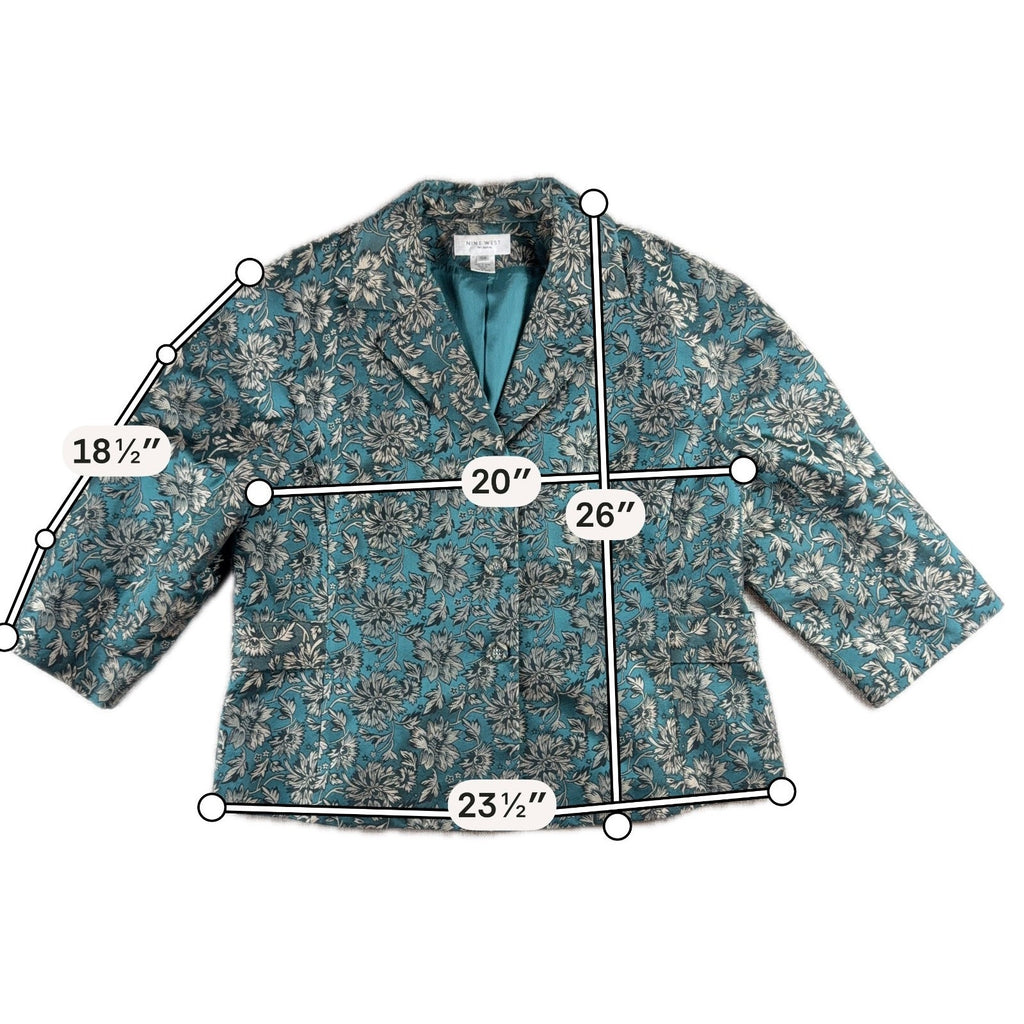 Nine West Woman Blazer 16W Teal Floral Jacquard 3/4 Sleeve Plus Size Jacket