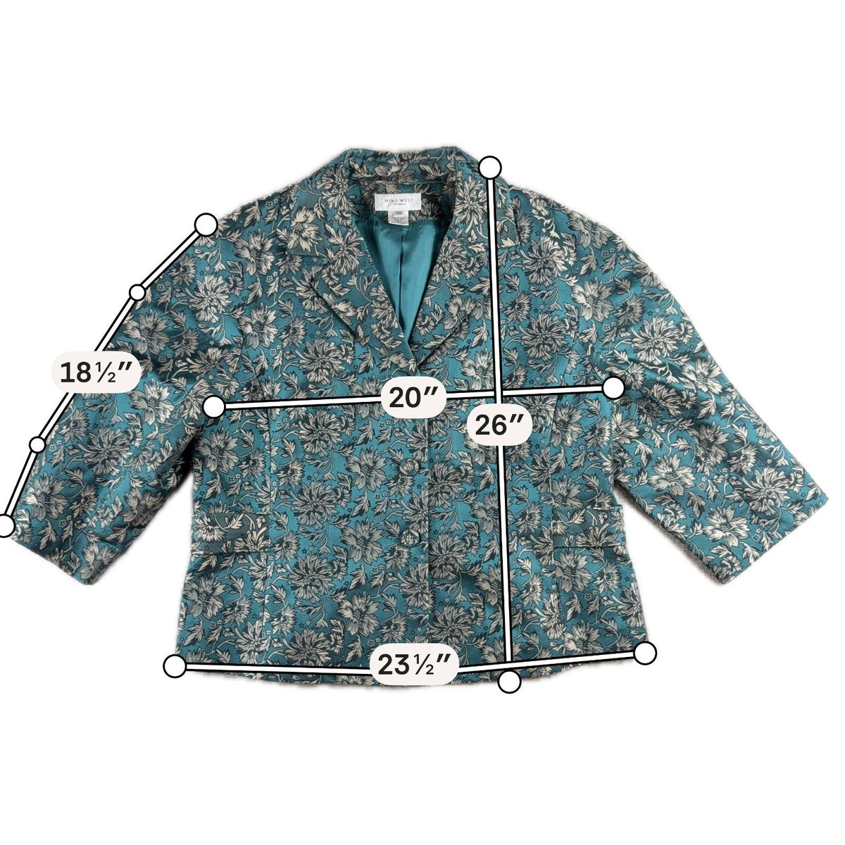 Nine West Woman Blazer 16W Teal Floral Jacquard 3/4 Sleeve Plus Size Jacket