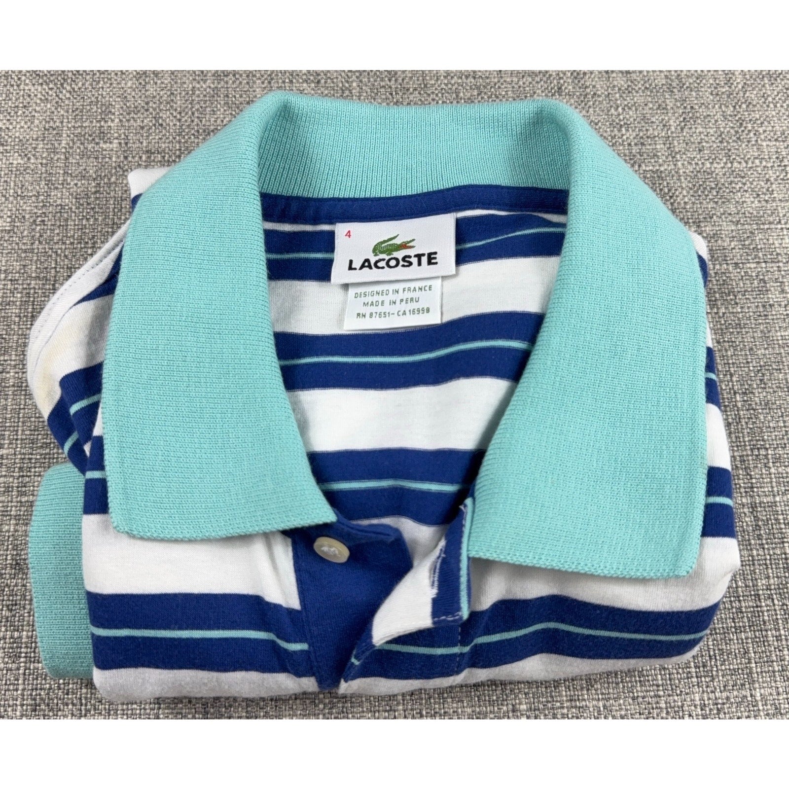 Lacoste Polo Shirt Men M Size 4 Blue White Stripe Aqua Collar Cotton