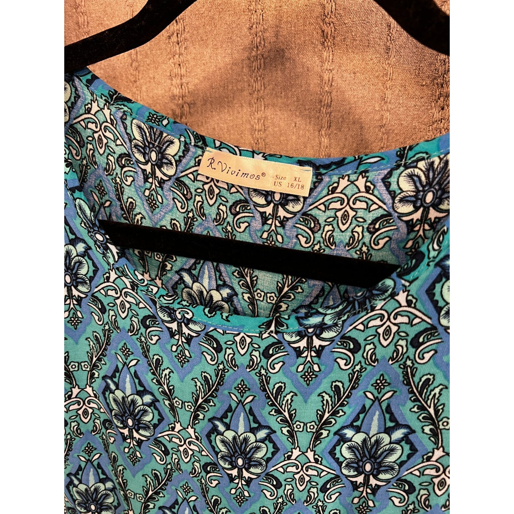 Blue Boho Tunic Peasant Top Blouse R. Vivimos Womens XL 16/18 Floral Paisley
