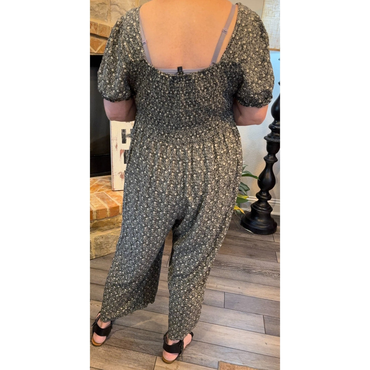As U Wish Jumpsuit Womens 3X Floral Smocked Puff Sleeve Wide Leg Cottagecore