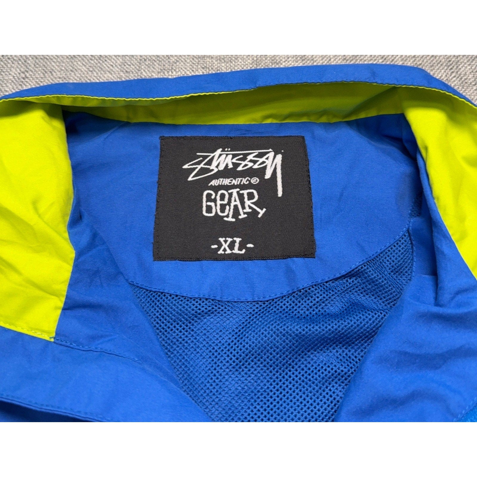 Stussy Authentic Gear Windbreaker Jacket Mens XL Blue Neon Yellow Quarter Zip
