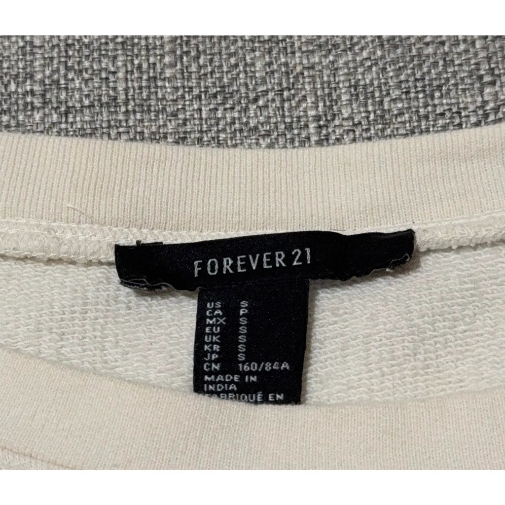 Forever 21 Women Small Cream Beaded Sleeve Crewneck Sweatshirt Boho Boxy